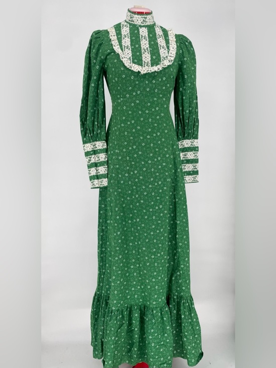 Vintage Dresses & Skirts - 1970s Green High Neck Voluminous Long Sleeve Handmade Prairie Dress Lace Accents